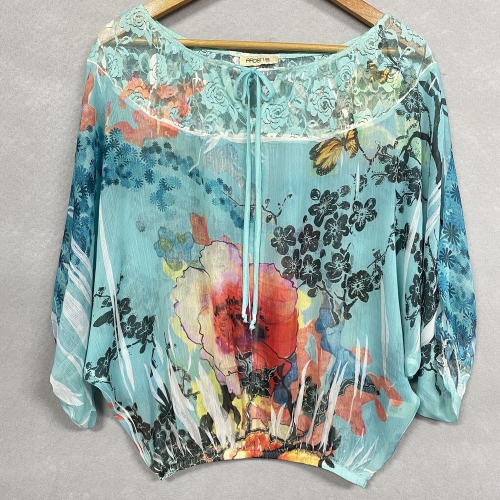 Arden B. Women XS Blouse Blue Floral Y2K Lace Trim 3/4 Sleeve Butterfly Boho
